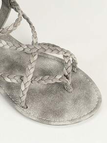 planare Women's Flat Thong Sandals, Round Toe Woven Strap, Retro Style Sandals, Elastic Strap Design,Spring Summer Outfits - Grey - View 11