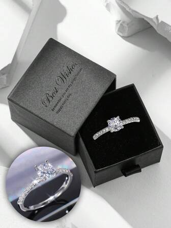 礼盒套装 - 简约优雅的方晶锆石戒指，铜白镀金，适合女性订婚、结婚、节日礼物