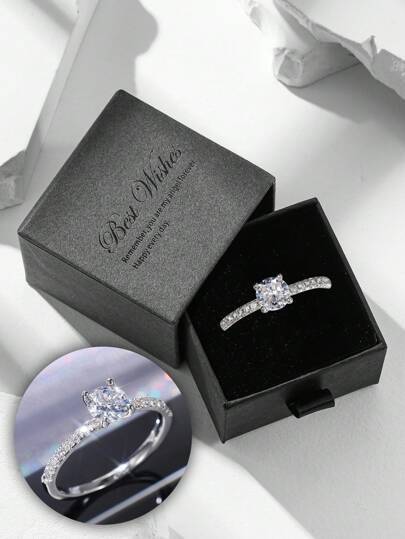 Gift Box Set - Minimalist & Elegant Cubic Zirconia Ring, Copper White Gold Plated, Suitable For Women Engagement, Wedding, Holiday Gift