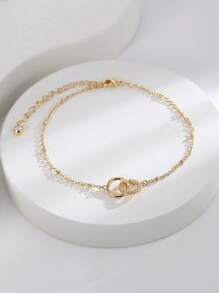 Charm-In 1pc Exquisite Double Ring Anklet, Gold Plated Chain Decorated With Sparkling Zirconia, Jewelry For Women, Suitable For Beach And Travel Wear, Gift For Girlfriend - Yellow Gold - View 2