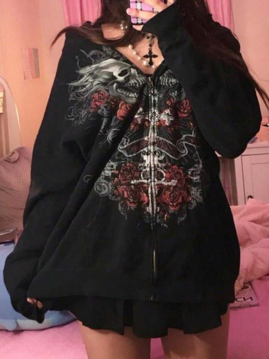 Women Y2k Goth Zip Up Hoodie Fairy Grunge Oversized Hooded Sweatshirt Adults Casual Skull Graphic Printed Long Sleeve Jacket With Pockets Gothic 90s Clothes For Teen Girls Streetwear Fall Spring Outerwear - màu đen - Xem 1