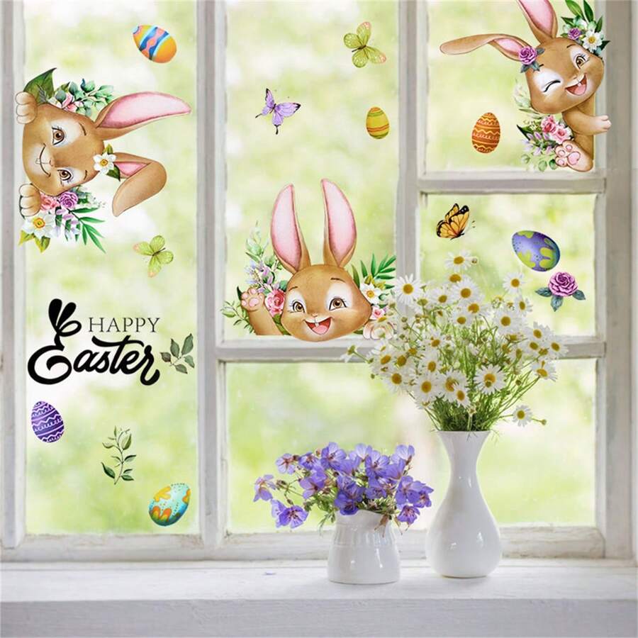 1PC Happy Easter Window Stickers Colorful Bunny Eggs Glass Sticker Spring Party Wall Stickers Easter Decorations For Home Festival Room - Multicolor - View 1
