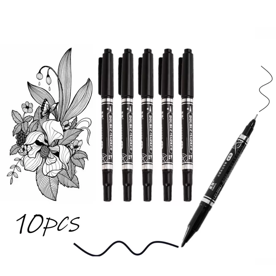 5/10 buah Spidol Ujung Ganda, Tinta Hitam Ujung Halus untuk Menggambar dan Kaligrafi, Spidol Seni Permanen untuk Buku Sketsa, Kain, Kayu, Kulit, Perlengkapan Sekolah. - Hitam - View 1