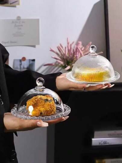 1pc Simple Glass Transparent Cake Display Holder, Dessert Plate Tray Cover For Cookies, Fruit, Pastries, Sweets