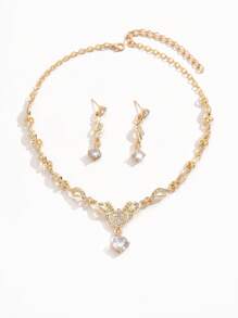 3pcs Women's Heart & Flower Rhinestone Embellished Wedding Jewelry Set