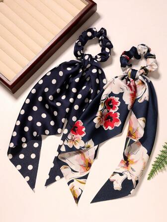 2 件/套缎面波尔卡圆点印花长围巾和发带配饰，休闲复古波西米亚风涤纶，适合所有季节