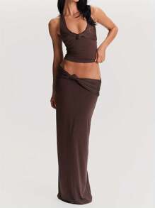 Women's Halter Neck Tank Tops Summer Sleeveless Solid Color Knot Front Shirts Dressy Tops - Dark Brown - View 2