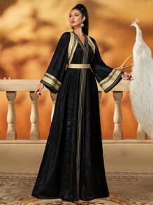 AmazingHoney 优雅的黑色和金色刺绣 Jalabiya 配腰带，迪拜风格长袍，女士奢华长袍，长袍，长袍，阿拉伯女士连衣裙（超大尺码 - 请查看尺码表），适度 - 黑色 - 查看 6