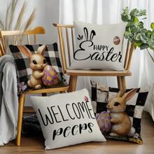 4 件套复活节复古黑白格子兔子枕套套装，单面印花毛绒天鹅绒，45 * 45 厘米/18 * 18 英寸靠垫套适用于现代布艺沙发室内装饰、派对装饰、礼物 - 彩色 - 查看 7
