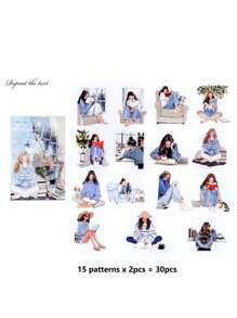1 Pacote de 30 Peças de Adesivos Decorativos de Menina Artística em PET para Scrapbooking, Artesanato DIY, Álbum de Fotos, Planejador, Suprimentos Escolares, Volta às Aulas
