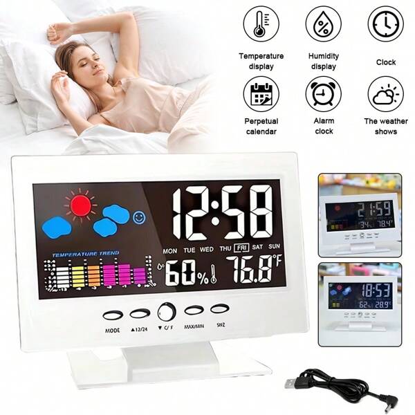 Modern Digital Alarm Clock With Backlight, Snooze Function, Indoor Thermometer & Weather Forecast, USB Powered, Mechanical Movement, Calendar Display, Auto-Shut-Off Chime, Rectangle Metal Frame - Ideal For Home & Office Use