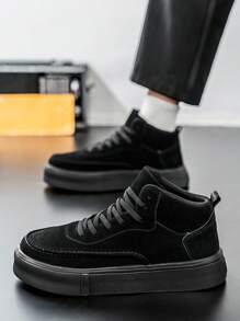 Men's Vintage Retro Solid Black High-Top Lace-Up Motorcycle Boots, High-Top Thick Sole Raised Height Non-Slip Fashion Leather Skate Sneakers - Black - View 4