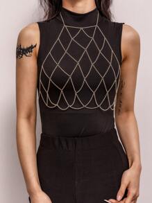 1 件时尚金属几何网状比基尼身体链，性感多层镂空胸项链，适合海滩度假 - 金色 - 查看 1