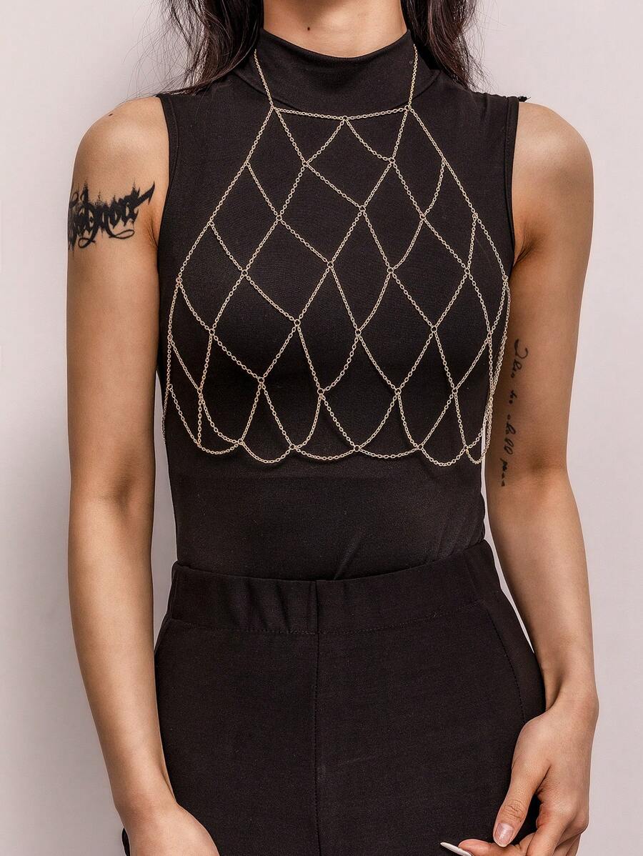 1 件时尚金属几何网状比基尼身体链，性感多层镂空胸项链，适合海滩度假 - 金色 - 查看 1