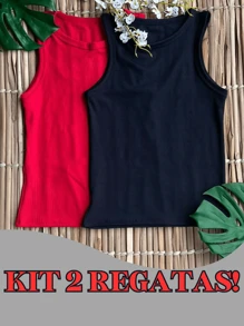 Kit 2 Regata Canelada Lisa Feminina Camiseta Básica Blusa Casual sem Manga - Preto/Vermelho - Visão 2