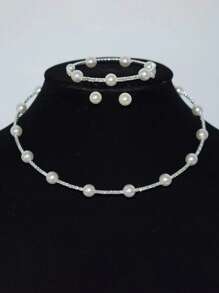 4pcs/Set Teenage Girls Elegant Multifunction Fashion Crystal Pearl Necklace & Earrings Jewelry Set, Party Accessories - Multicolor - View 1