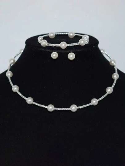 4件套青春时尚百搭优雅珍珠项链耳环首饰套装