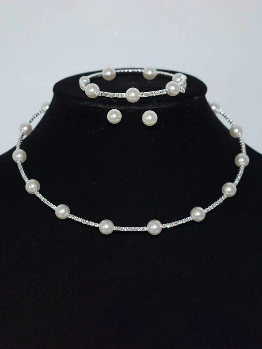 4pcs/Set Teenage Girls Elegant Multifunction Fashion Crystal Pearl Necklace & Earrings Jewelry Set, Party Accessories - Multicolor - View 1