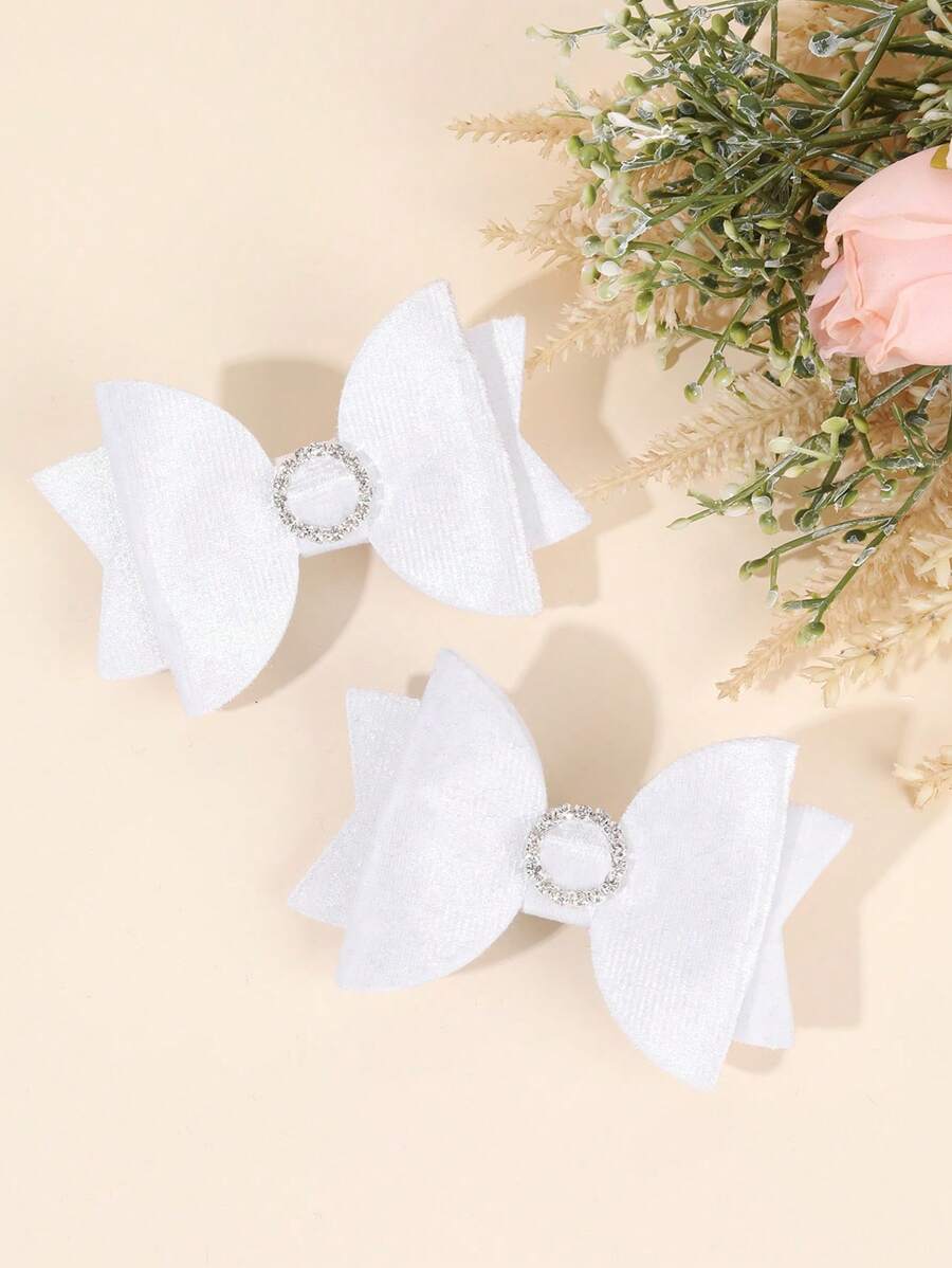 2pcs White Hair Clips, Girls' Solid Color Bow & Alligator Clips With Round Rhinestone, Simple Wedding Hair Clips, Solid Color Bow Hair Clips, Teens Hair Accessories - White - View 1