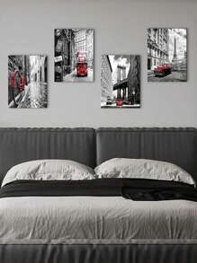 4pcs/Set Black And White Wall Art Bedroom Red Decor Paris Canvas Pictures For Living Room Bathroom London Eiffel Tower Landscape Painting New York City Wall Art Office Artwork Modern Home Decoration (No Framed)