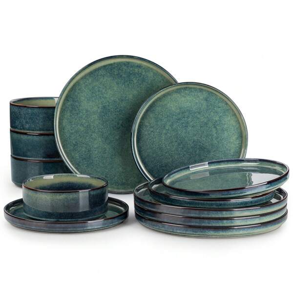 vancasso Service de table en céramique de 12 pièces avec glaçure verte modifiée au four, composé d'assiettes plates, d'assiettes à dessert et de bols (4 de chaque) pour 4 personnes