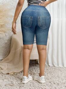 Plus Size Women Slim Fit Denim Effect Simple & Fashionable Elastic Fabric Casual Shorts