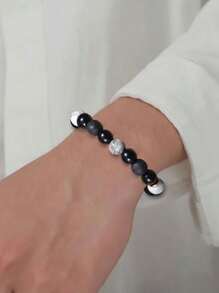 1pc New Matte Black Glass Beads Cube Weaving Bracelet, Men's High-End Retro Personalized Adjustable Rope Bracelet Gift Jewelry