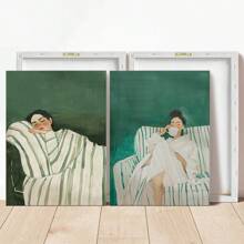 Set Of 2 Abstract People Wall Art Prints, Canvas Hangings, Posters, Wall Art, Contains Emerald Green Striped Woman Canvas Poster, Minimalist Large Art Wall Decor, Coffee Lovers Prints, Spring Decor For Living Room, Bedroom, Cafe, Bar, Office, Hallway And Home Room Decor Artwork Gifts Birthday Graduation