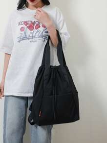 Water-Resistant Large Capacity Drawstring Backpack Tote Bag, Minimalist Fashion Outdoor Shoulder Bag - Black - View 7