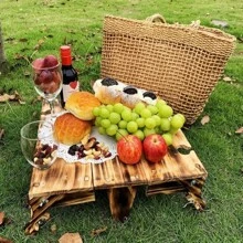 Wooden Outdoor Folding Picnic Basket Table, Folding Picnic Table With Wine Glass Holder, 2-In-1 Picnic Table Convertible Storage Wooden Basket, Natural Travel Camping Equipment