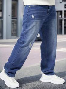 Hombres Jeans ajustados desgarro crudo rasgados con bolsillos,pantalones largos con estilo y versátiles con personalidad - Azul lavado oscuro - Ver 2