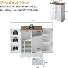 Merluxy 61" Farmhouse Bar Cabinet With 9 Wine Racks, Folding Liquor Storage, Expandable Coffee Bar Station With Drawer, Rustic White Mini Bar For Kitchen & Dining Room