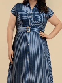 Vestido con estampado de rayas, volantes en el bajo y diseño holgado para mujeres,  con cinturón - Azul Marino - Ver 7