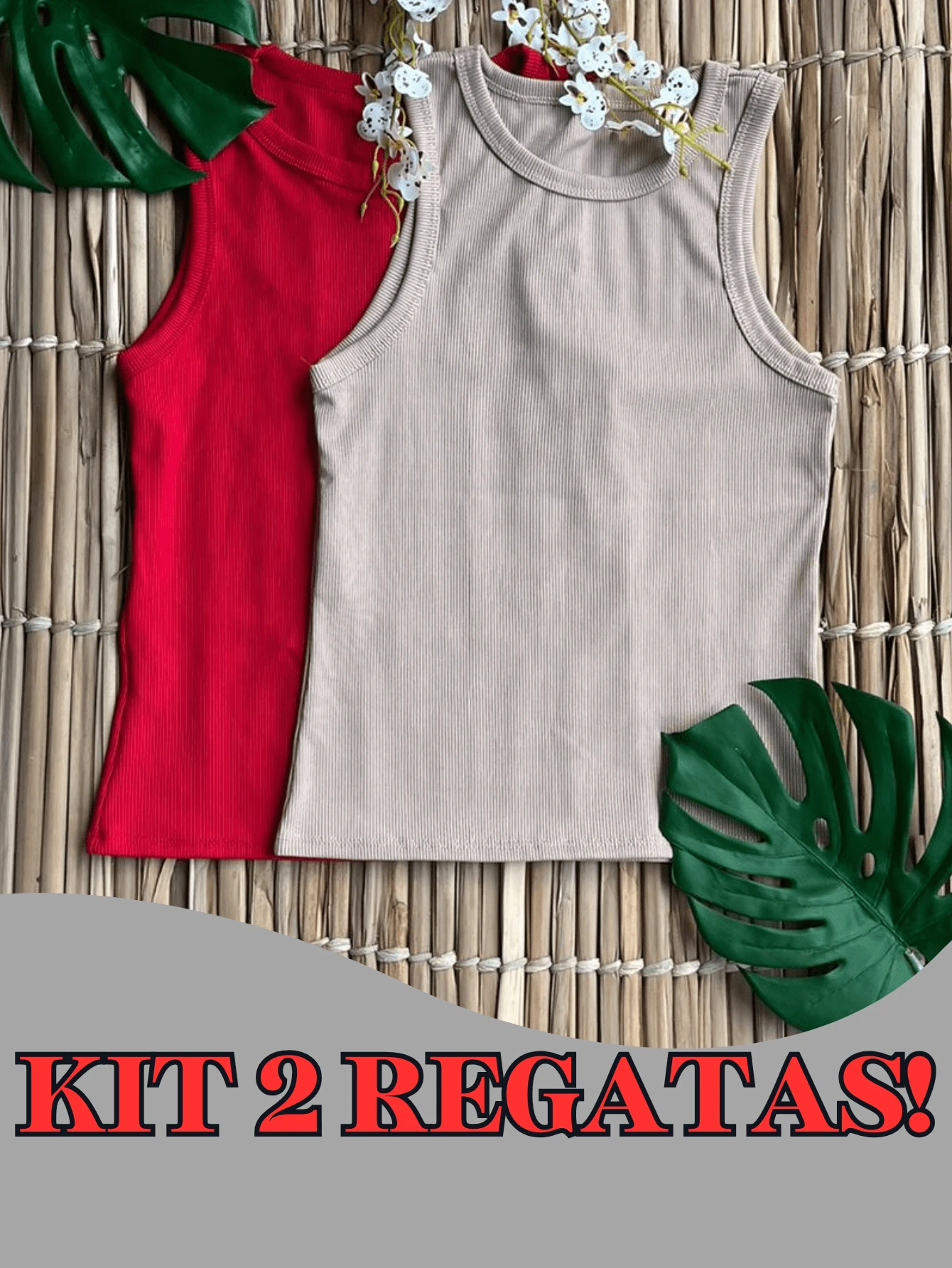 Kit 2 Women's Plain Ribbed Tank Top Basic T-Shirt Casual Sleeveless Blouse - 紅色/米色 - 查看 1
