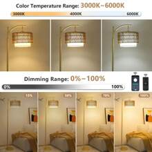 Floor Lamps For Living Room, Arc Standing Lamp With Remote & Dimmable Bulb, Boho Rattan Floor Lamp For Bedroom With 3 Color Temperatures, Farmhouse Tall Lamp, Height Adjustable Stand Up Lamp - 美規A型插(110-127V) - 查看 2