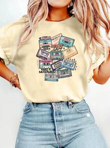 Hymn  Graphic Print T-Shirt, Short Sleeve Crew Neck Casual Top For Summer & Spring, Women's Clothing - 杏色 - 查看 1