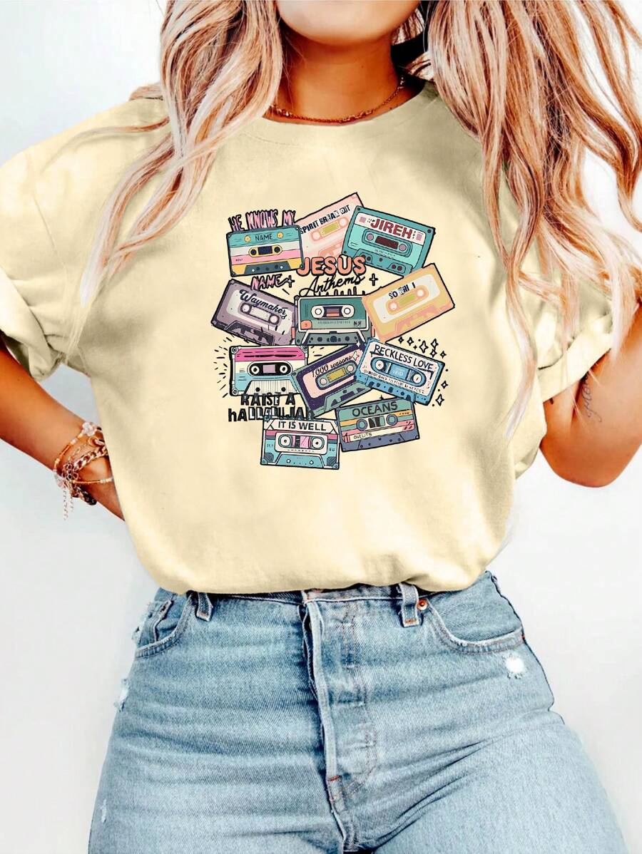 Hymn  Graphic Print T-Shirt, Short Sleeve Crew Neck Casual Top For Summer & Spring, Women's Clothing - 杏色 - 查看 1