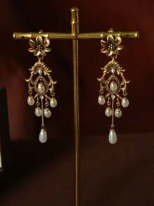 French Retro Silver Needle Flower Pearl Style Water Droplet Tassel Earrings, Medieval Vintage Court Style Earrings, Light Luxury Elegant Earrings, Ladies' Daily Party Accessories, Fashionable Jewelry, Best Friend Gifts - 金色 - 查看 13