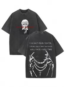 My Judgment Is Almost Always Correct. The Hot Blooded Cartoon Anime Y2K Hip-Hop Street Pendant Redemption Hand Pattern Double-Sided Printed 230g Washed Cotton T-Shirt, Men's Summer High-Quality Printed Washed Cotton Retro Fashion Brand Loose Casual Black T-Shirt, Suitable For Outdoor Wear In Summer, With A Certain Thickness, Daily Wear And Gifts For Friends, Back To School Gifts - Black - View 1