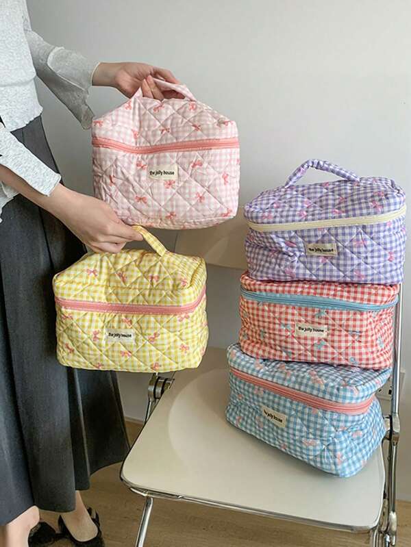 Checkered Bow Makeup Bag, Soft Fabric Zipper Box, Cute And Sweet Style Storage Bag, Portable Home Travel Cosmetics Storage Bag, Cosmetics Storage Bag, Mini Bag Travel Small Makeup Box Accessories, Cosmetics Rack Brush Bag, Cosmetics Container Makeup Bag, Travel Essentials, Women's Accessories, Travel Supplies, Makeup Bag,For Holiday Beach, Bathroom Collection, Bedroom Collection, Large Capacity