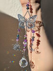 1pc Purple Amethyst Butterfly Car Hanging Decor, Outdoor Garden Pendant Decoration, Purple Crystal Butterfly Sunglass Car Rearview Mirror Ornament