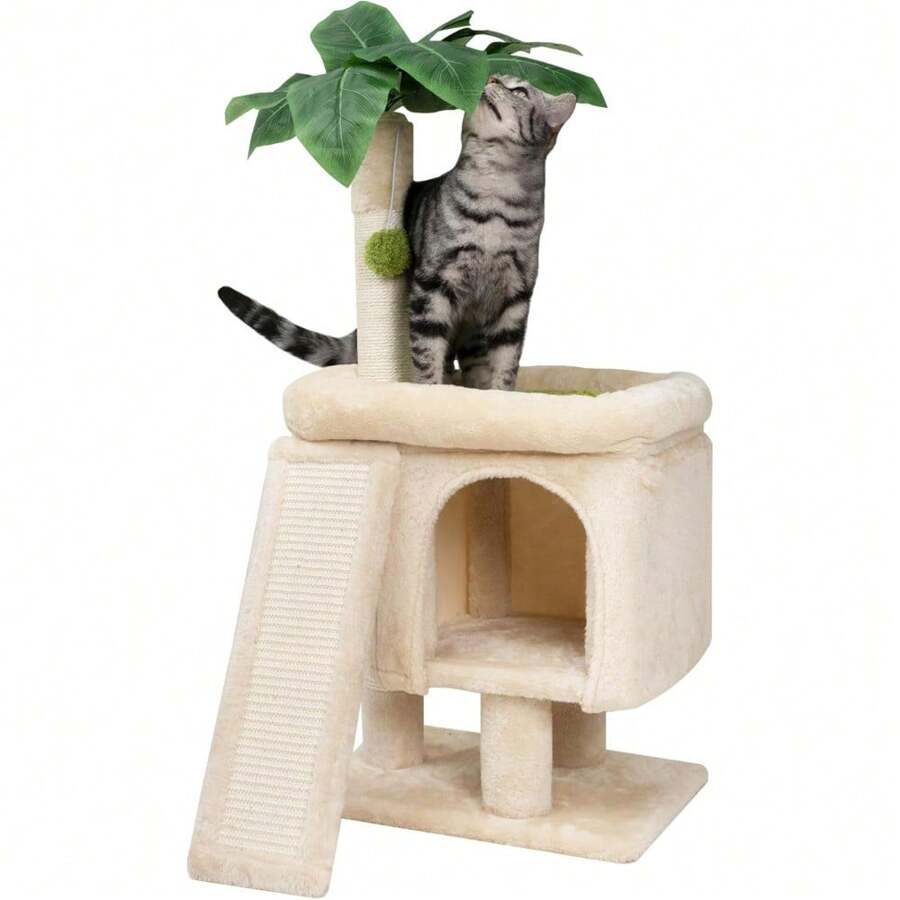 Serene Studio    Cat Scratching Post For Indoor Cats And Kitten, 35" Tall Monstera Cat Scratching Post With Sisal Hanging Interactive Ball, Suitable For Large Adult Cat, Kitten, And All Type Of Cats - 白色 - 查看 1