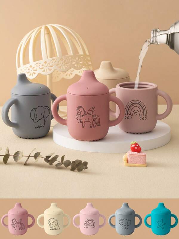 PopLittleOne 1PC Silicone Baby Sippy Cup Cartoon Pattern Baby Cups Portable Baby Water Bottle Solid Baby Tableware Leakproof Baby Bottles