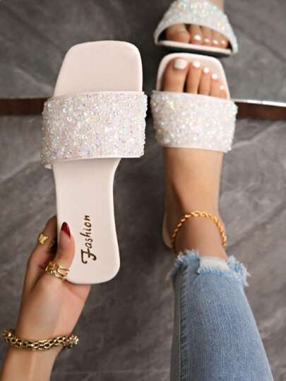 Plus Size Women's Slip-On Flat Sandals, Black Square Toe Rhinestone Non-Slip Soft Bottom Lace-Up Slippers, Fashionable With Dresses, Suitable For Beach, Housewife's Choice