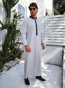 1 件男士经典传统服装，长袖优质涤纶面料长袍，简约低调灰色服装配黑色条纹长袍 - 灰色 - 查看 5