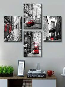 4pcs/Set Black And White Wall Art Bedroom Red Decor Paris Canvas Pictures For Living Room Bathroom London Eiffel Tower Landscape Painting New York City Wall Art Office Artwork Modern Home Decoration (No Framed)
