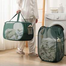 1pc Foldable Laundry Basket, Mesh Pop-Up Laundry Hamper With Handles, Tear-Resistant, Lightweight & Breathable, Odorless, Compact Folding, Large Capacity Portable Travel Laundry Bag, Suitable For Home Storage