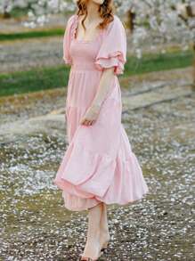 Mother Daughter Matching Dresses Summer Ruffled Hem Short Sleeves A-Line Dress Mom And Me Family Matching Outfits - Pink - View 3