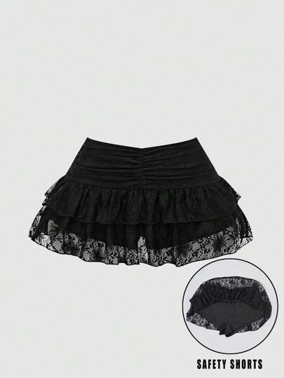 Women's Lace Ruffle Hem Gathered Waist Mini Skirt, Cute Cake Skirt Style, Suitable For Party, Outing, Club