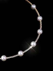 4 件套女孩优雅珍珠和水钻项链、手链、耳环首饰套装 - 金色 - 查看 4